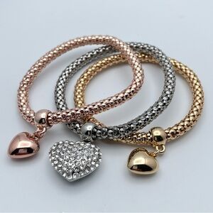 Set of 3 Metallic Mesh Heart Charm Bracelets Gold Silver Rose Gold
